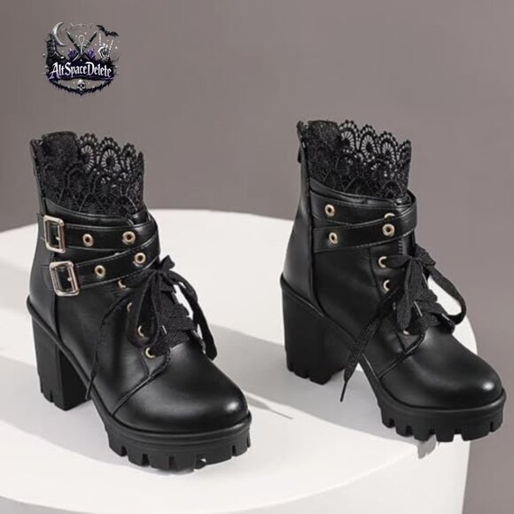Goth Platform Ankle Boots Chunky Heels Zipper Lace Buckle Punk Cosplay - Picture 5 of 7